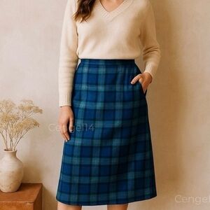 Vintage Pendleton Virgin Wool Tartan Plaid Midi Skirt Blue Aqua Size M USA Made